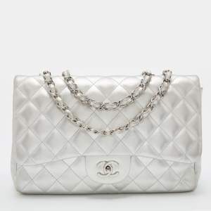Pre Owned Chanel Silver Quilted Leather Jumbo Classic Single Flap Bag