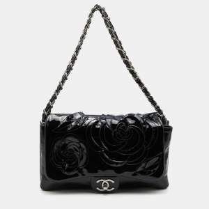Pre Owned Chanel Black Patent Leather Paris Shanghai Camellia Flap Bag