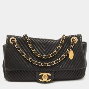 Pre Owned Chanel Black Chevron Leather Medallion Charm Flap Bag