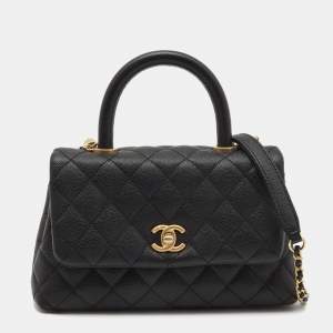Pre Owned Chanel Black Quilted Caviar Leather Small Coco Top Handle Bag