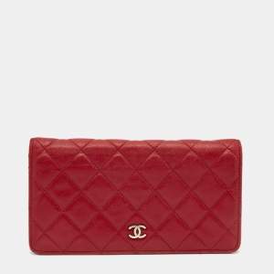 Chanel Red Quilted Leather CC Classic Bifold Long Wallet