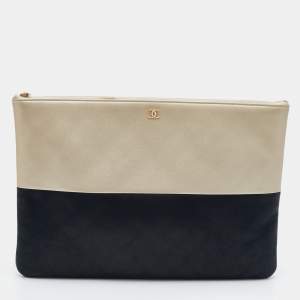 Pre Owned Chanel Gold/Black Caviar and Iridescent Leather Large O Case Clutch