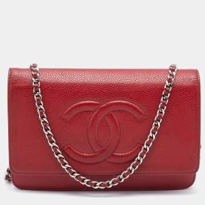 Chanel Red Caviar Leather CC Timeless Wallet on Chain