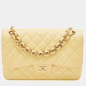Pre Owned Chanel Yellow Iridescent Quilted Caviar Leather Jumbo Classic Double Flap Bag
