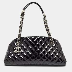 Pre Owned Chanel Black Quilted Patent Leather Medium Just Mademoiselle Bowling Bag