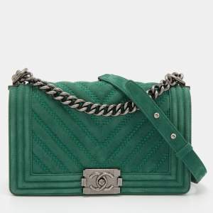 Chanel Green Chevron Nubuck Leather Medium Boy Flap Bag