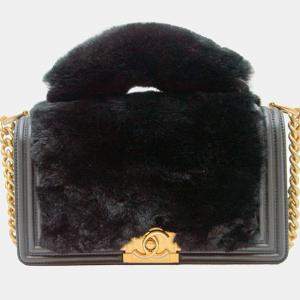 Chanel Black Leather Fur Medium Boy Top Handle Flap Shoulder Bag