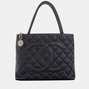 Pre Owned Chanel Black Caviar Leather Medallion Tote Bag