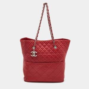 Pre Owned Chanel Red Quilted Leather In-The-Business North South Tote