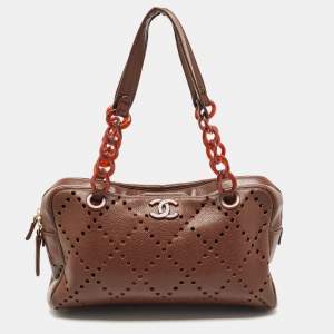 Pre Owned Chanel Brown Perforated Quilted Leather CC Chain Satchel