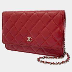 Chanel Red Lambskin Classic Wallet On Chain