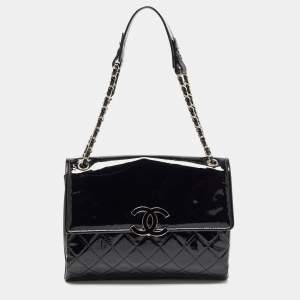 Pre Owned Chanel Black Quilted Patent Leather Double Compartment Flap Bag