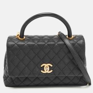 Pre Owned Chanel Black Quilted Caviar Leather Medium Coco Top Handle Bag