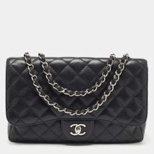 Pre Owned Chanel Black Quilted Caviar Leather Jumbo Classic Single Flap Bag