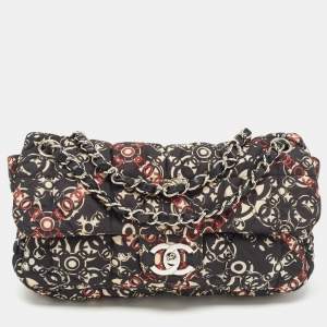 Pre Owned Chanel Black/Red Optic Print Cube Quilted Satin and Leather Medium CC Flap Bag