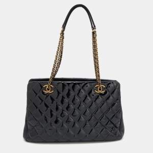 Pre Owned Chanel Black Quilted Patent Leather Double Chain Bag