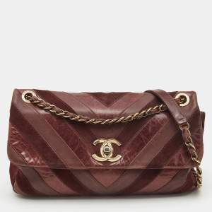 Pre Owned Chanel Burgundy Chevron Leather and Suede Jumbo Surpique Flap Bag