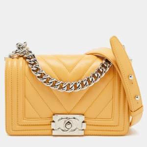 Pre Owned Chanel Yellow Chevron Leather Small Boy Flap Bag