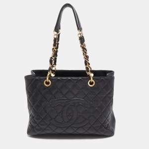 Pre Owned Chanel Black Quilted Caviar Leather GST Shopper Tote