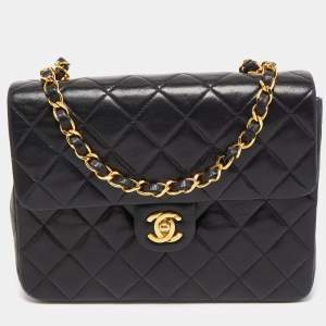 Pre Owned Chanel Black Quilted Lambskin Leather Square Classic Flap Bag