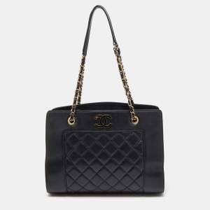 Pre Owned Chanel Black Quilted Leather CC Chain Tote
