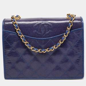 Pre Owned Chanel Blue Coated Lizard Vintage CC Flap Bag