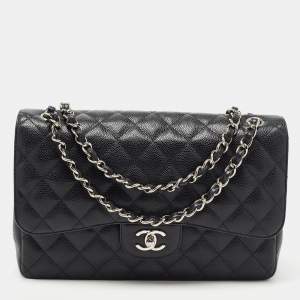Pre Owned Chanel Black Quilted Caviar Leather Jumbo Classic Double Flap Bag