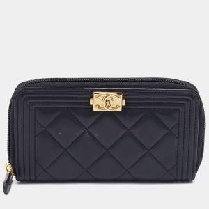 Chanel Black Quilted Leather Boy Zip Around Wallet