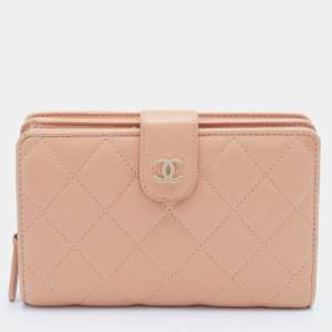 Chanel Peach Quilted Leather CC French Wallet