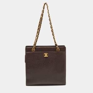 Pre Owned Chanel Brown Caviar Leather Vintage CC Turnlock Chain Tote