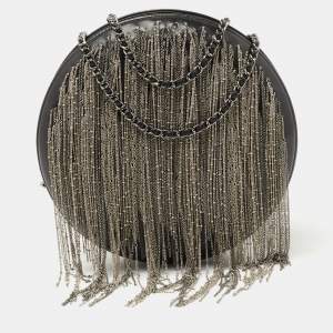 Pre Owned Chanel Black Leather Metal Fringe Round Chain Clutch