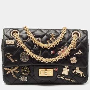 Pre Owned Chanel Black Quilted Aged Leather Lucky Charms Reissue 2.55 Classic 224 Flap Bag