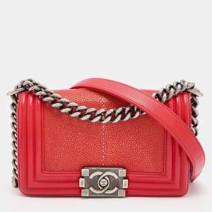 Pre Owned Chanel Red  Stingray and Leather Small Boy Flap Bag