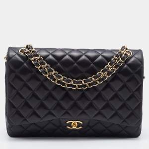 Pre Owned Chanel Black Quilted Leather Maxi Classic Double Flap Bag