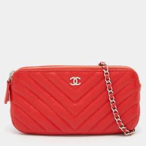 Pre Owned Chanel Red Chevron Caviar Leather CC Double Zip Chain Bag