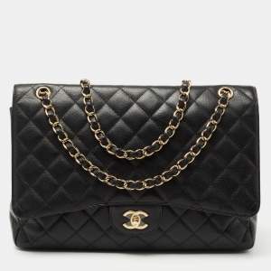 Pre Owned Chanel Black Quilted Caviar Leather Maxi Classic Single Flap Bag