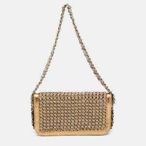 Pre Owned Chanel Gold Leather Triple Chain Flap Bag