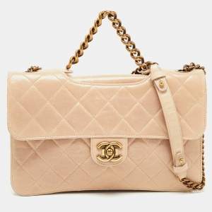 Pre Owned Chanel Beige Quilted Leather Large Perfect Edge Flap Bag