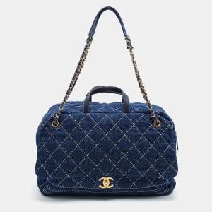 Pre Owned Chanel Blue Quilted Canvas and Leather Travel Duffel Bag