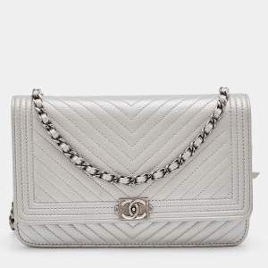 Chanel Silver Chevron Caviar Leather Boy Classic Wallet on Chain