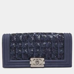 Pre Owned Chanel Navy Blue Sequins and Suede Boy Clutch