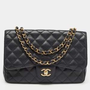 Pre Owned Chanel Black Quilted Caviar Leather Jumbo Classic Single Flap Bag