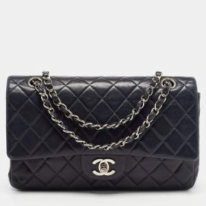 Pre Owned Chanel Dark Blue Leather Medium Classic Double Flap Bag 