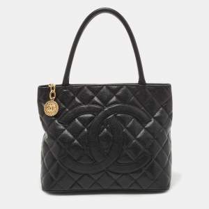 Pre Owned Chanel Black Quilted Caviar Leather Medallion Tote