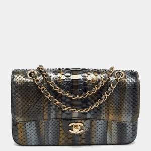Pre Owned Chanel Tricolor Python Medium Classic Double Flap Bag 