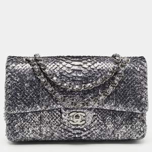 Pre Owned Chanel Silver/Black Python Medium Classic Double Flap Bag