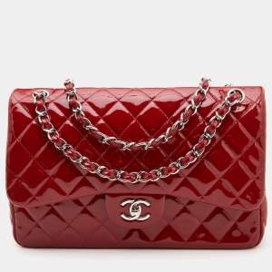 Pre Owned Chanel Red Quilted Patent Leather Jumbo Classic Double Flap Bag