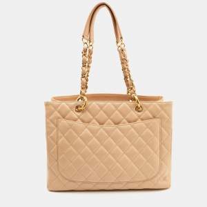 Pre Owned Chanel Beige Quilted Caviar Leather Grand Shopping Tote