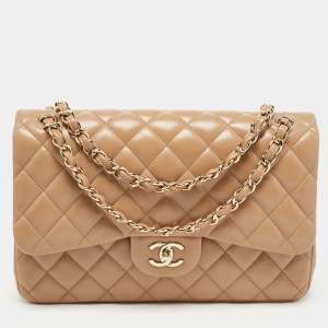 Pre Owned Chanel Beige Quilted Leather Jumbo Classic Double Flap Bag