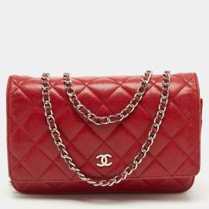 Chanel Red Quilted Leather Classic Wallet on Chain
